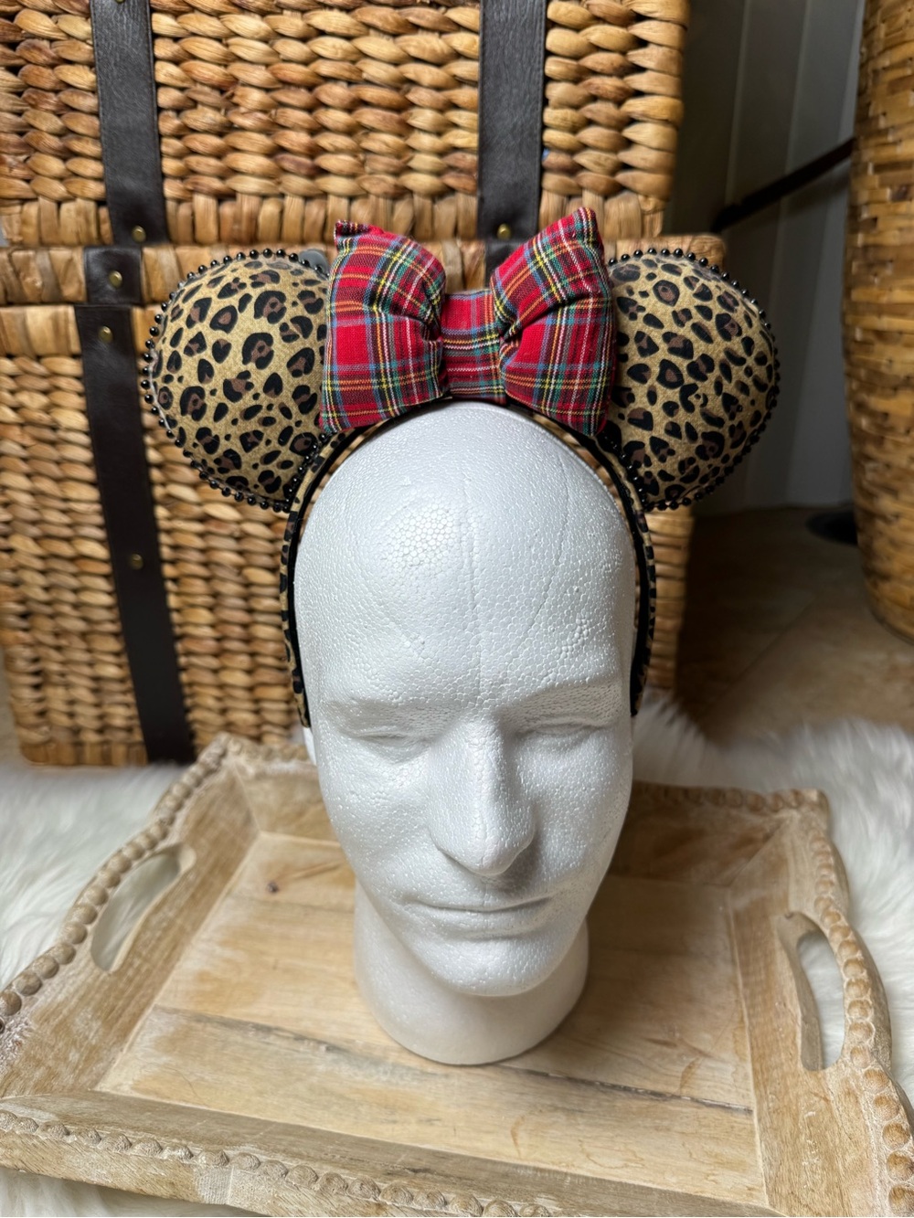 Leopard Print Mouse Ears Headband with Red Plaid Bow